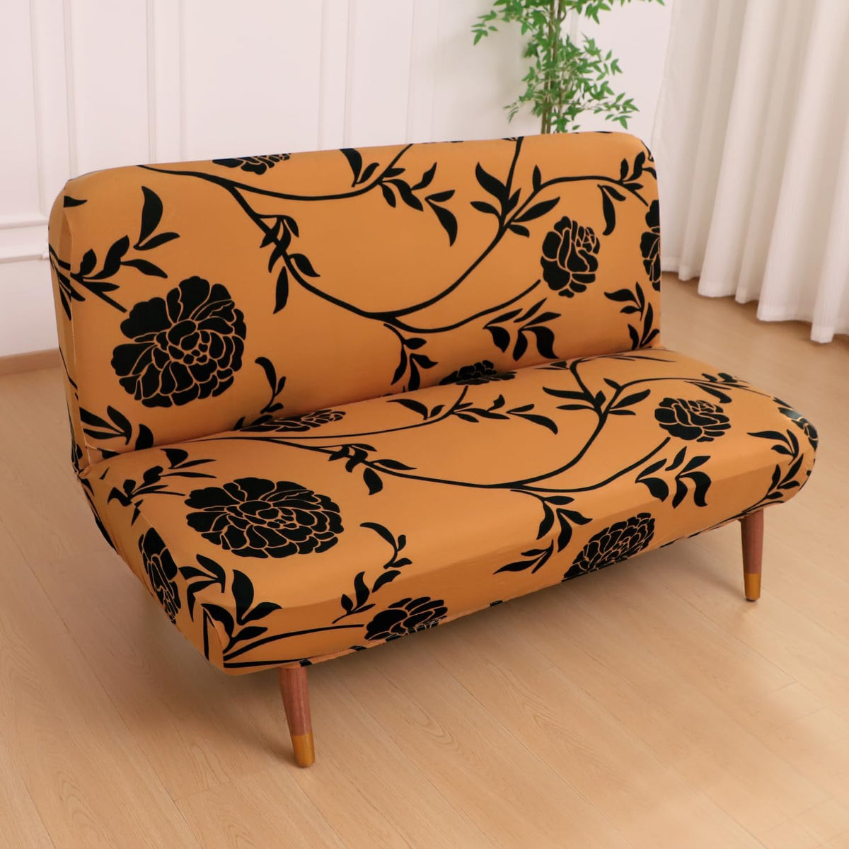 Buy Copper Brown Floral Printed Elastic Armless Sofa Cover - HOKIPO