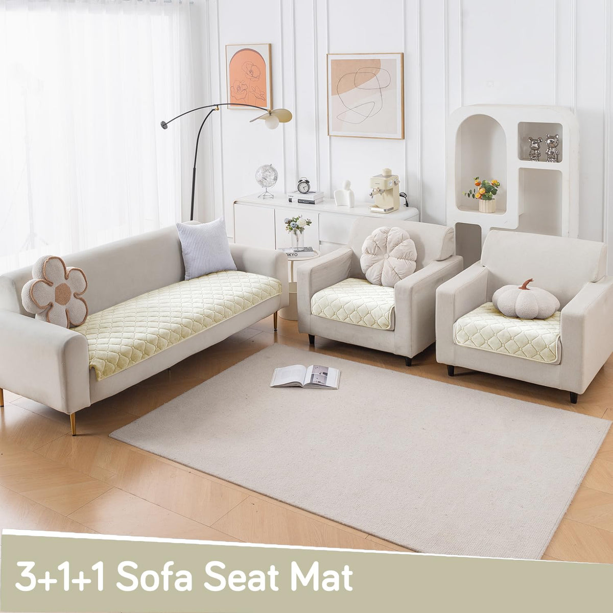 Diamond Tuft Quilted 5-Seater Sofa Mat (3+1+1), Anti-Slip, Ivory Cream