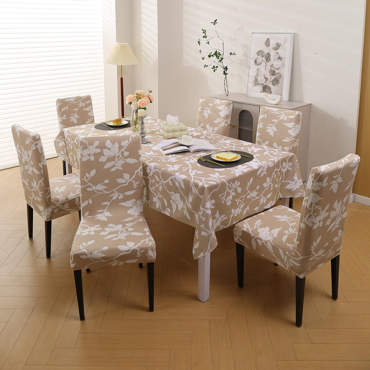 Elastic Dining Chair Covers with Matching Tablecloth, Buff Brown Sillehoute Floral