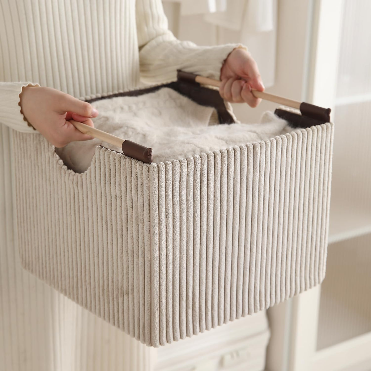 Premium Foldable Storage Bin with Wooden Handles | Corduroy Fabric Organizer Box for Wardrobe, Books, Clothes & Misc Items, Cream