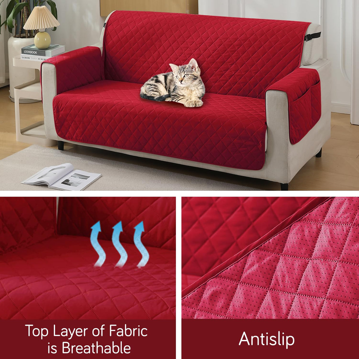 Red colour 2 seater quilted waterproof sofa cover | Hokipo