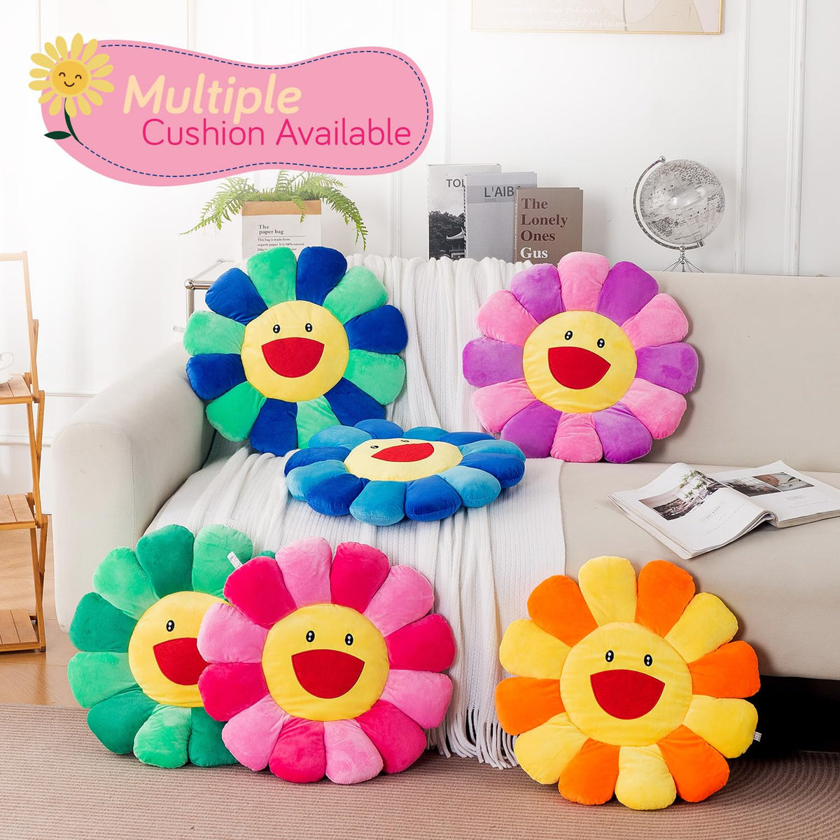 HOKIPO Smiley Sunflower Cushion for Sofa & Bed, 45 cm, Pink
