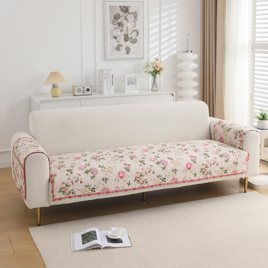 Quilted Sofa Seat Mat for 1/2/3 Seater with 2 Armrest Covers with Pockets,Beige Peonies