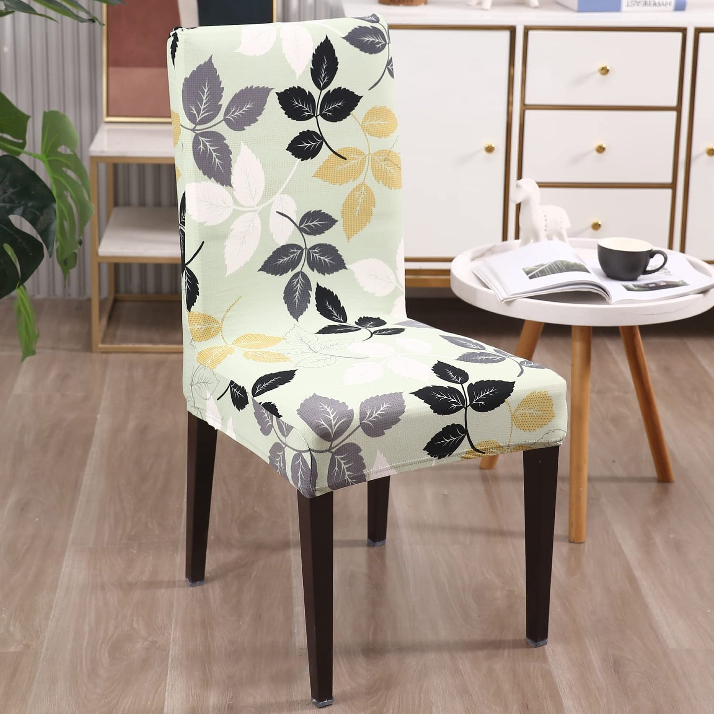 Elastic Stretchable Dining Chair Cover, Green Hibiscus Leaves