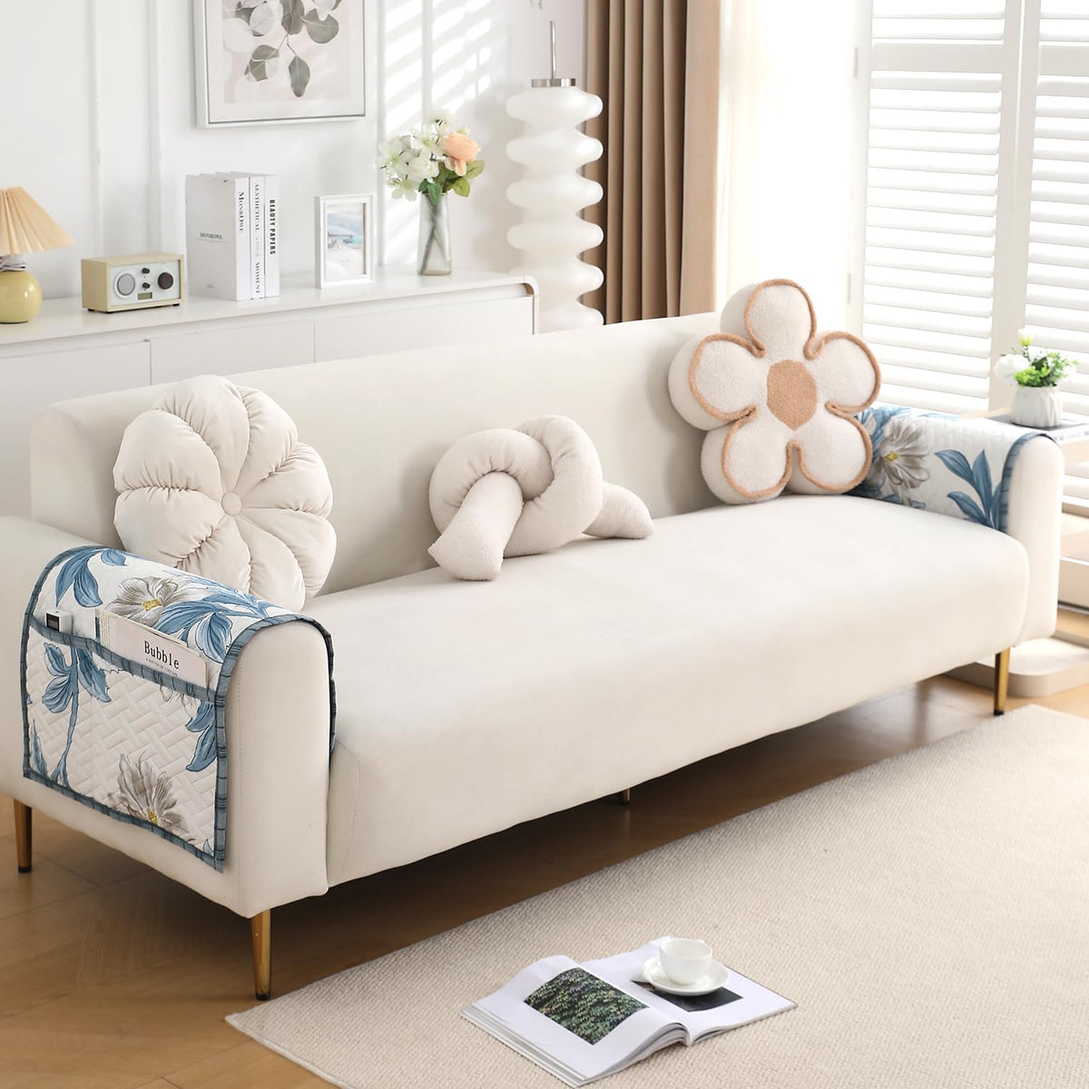'Homehues' Printed Quilted Sofa Cover Mats, Celadon Blue Camellia