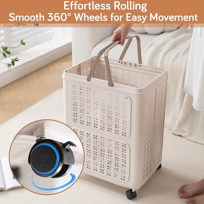 HOKIPO Foldable Laundry Basket with Wheels for Clothes, Toys & More - Beige