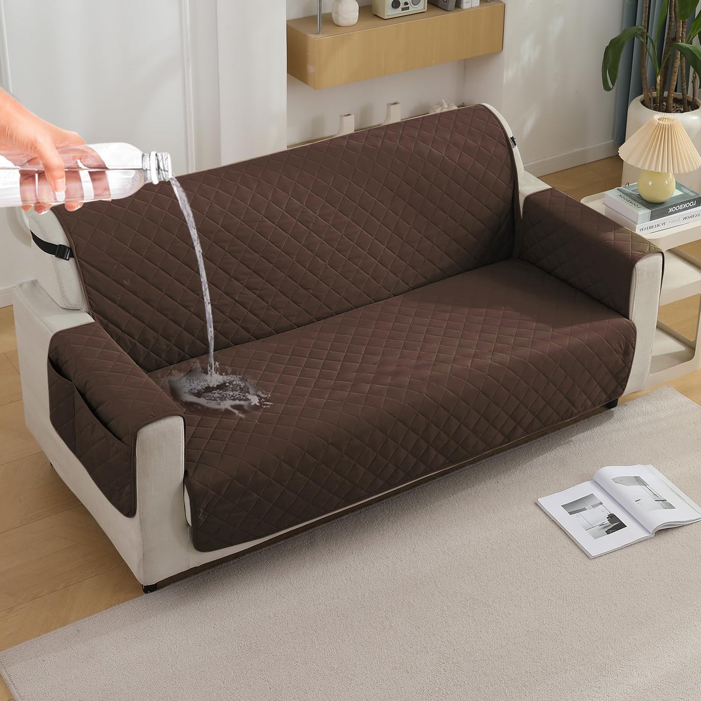 Quilted Waterproof Sofa Cover Mat with Pockets on Armrest Cover - Brown