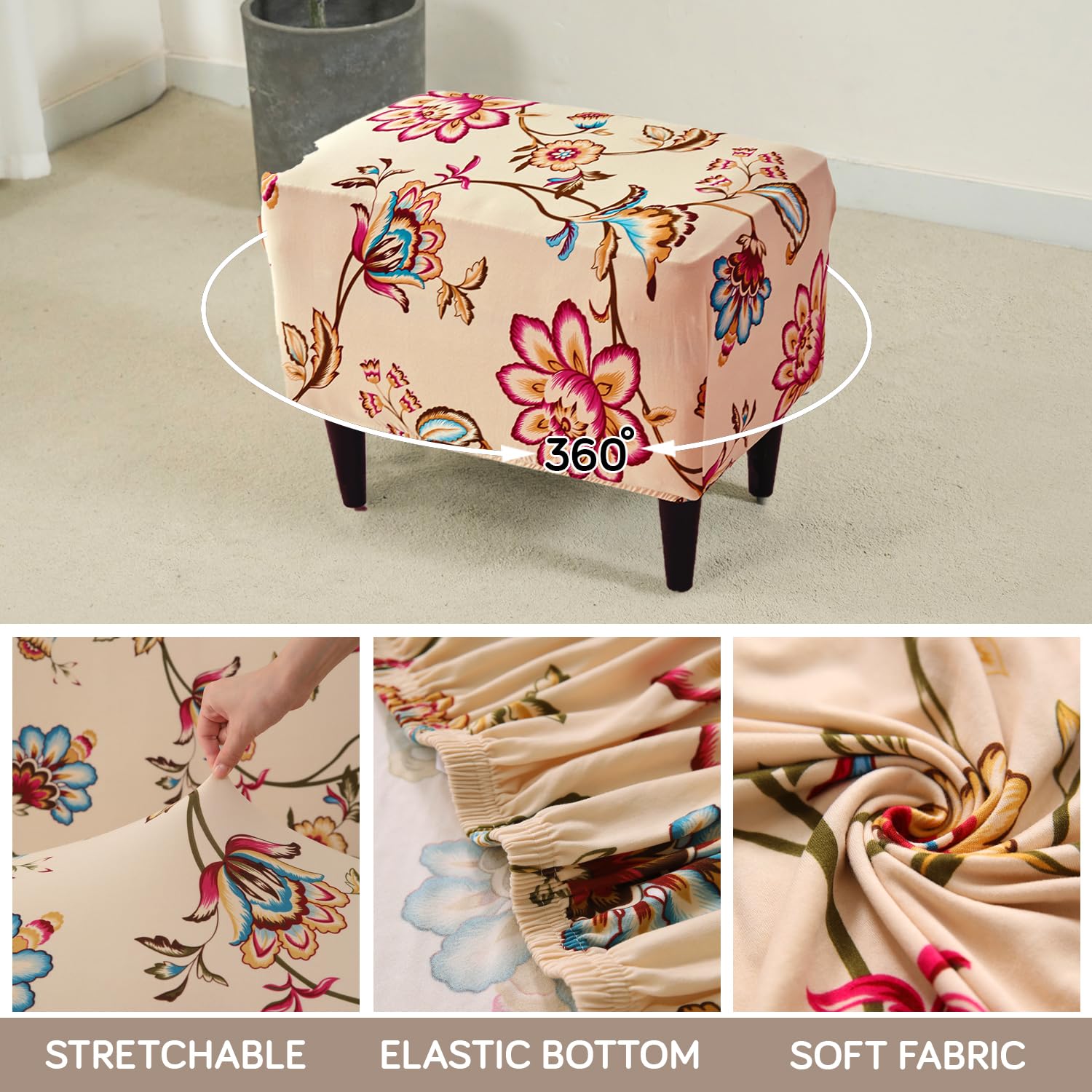 Stretchable 140 GSM Footstool Cover, Beach Beige Dahlia