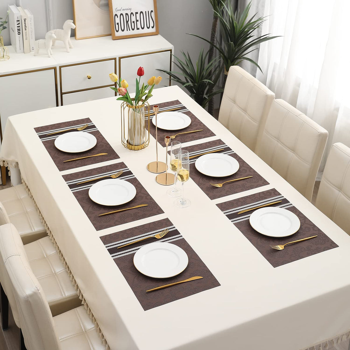 PVC Dining Table Mats, Damask Brown