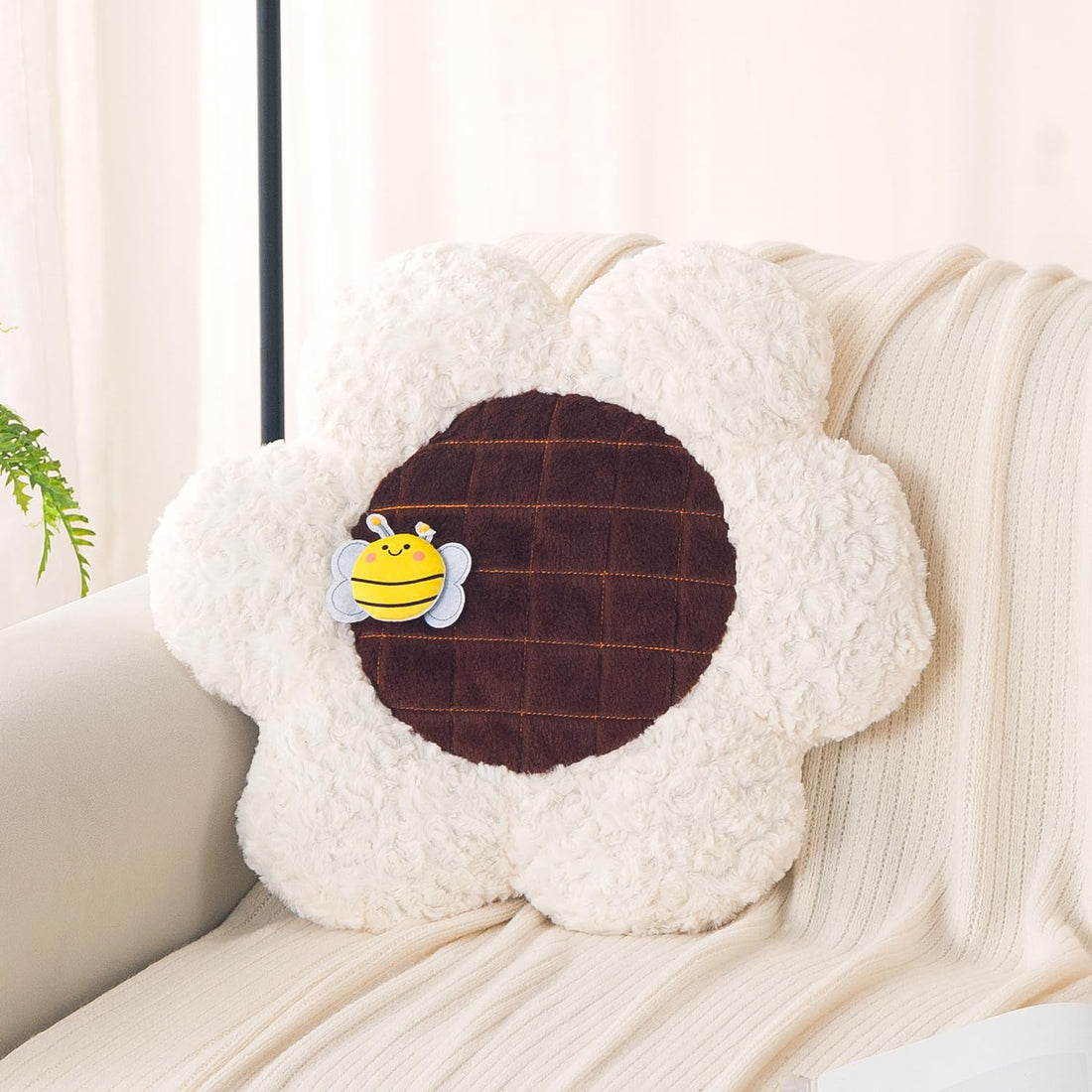 HOKIPO Sunflower Bee Cushion for Sofa & Bed, 50 cm, White