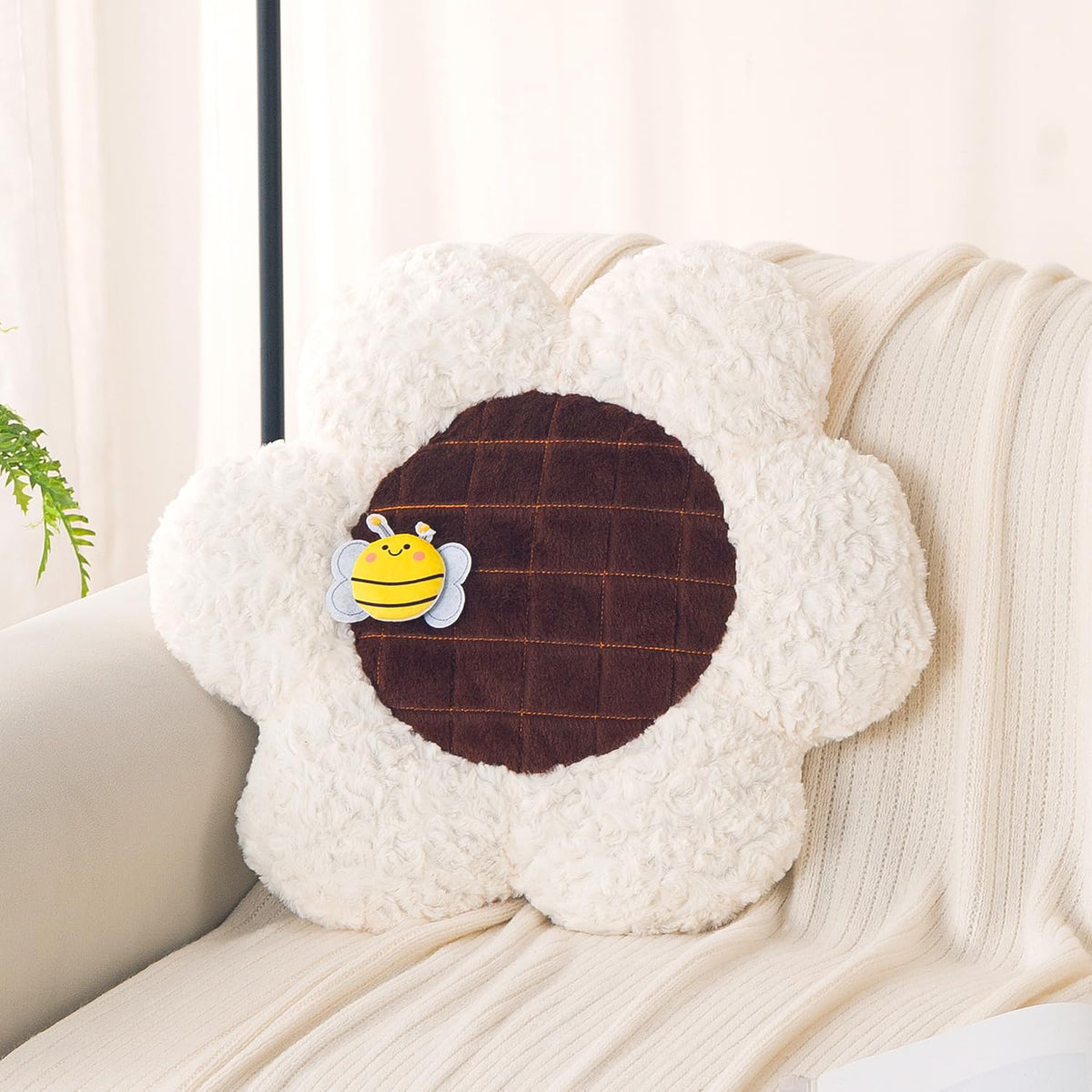 HOKIPO Sunflower Bee Cushion for Sofa & Bed, 50 cm, White