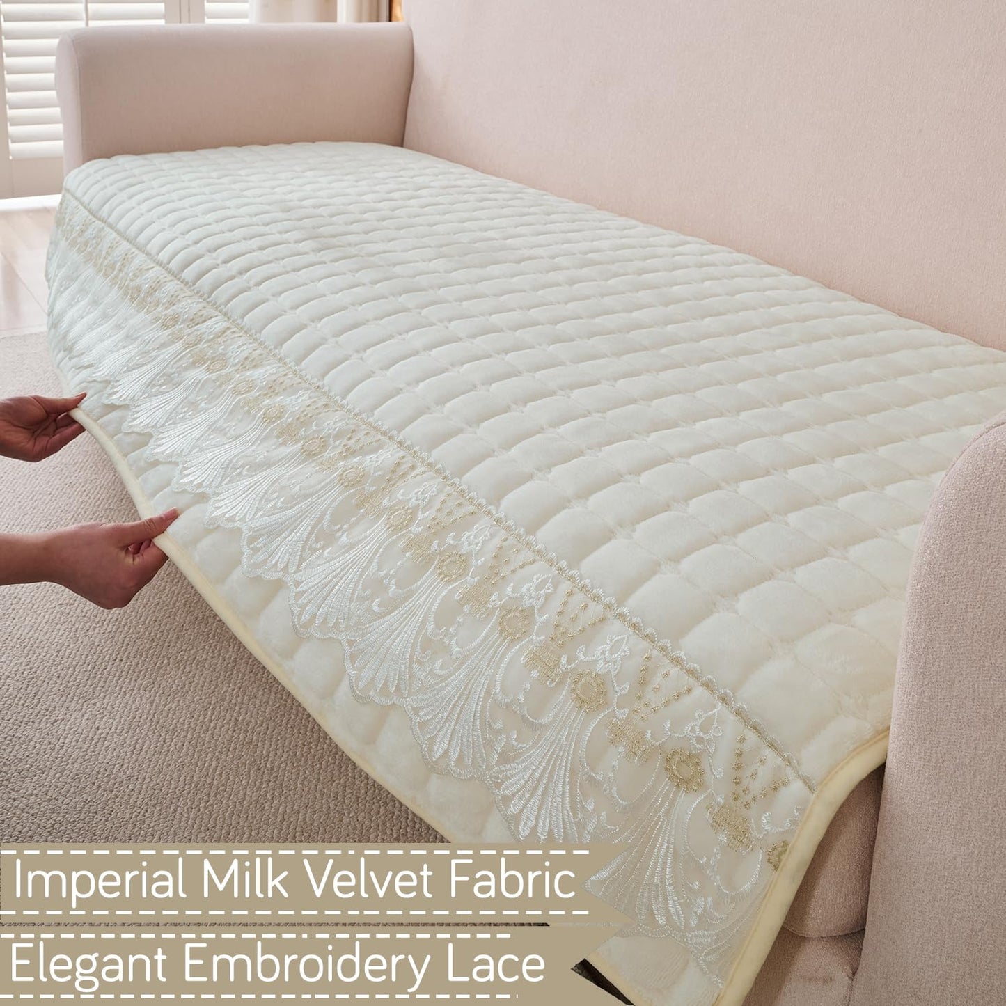 BelleLace Series Imperial Milk Velvet Sofa Cover Mat with Lace Design - Pearl White