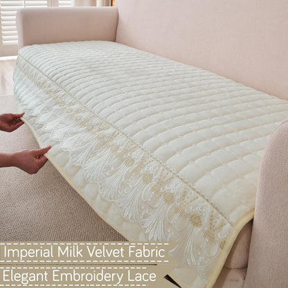 BelleLace Series Imperial Milk Velvet Sofa Cover Mat with Lace Design - Pearl White