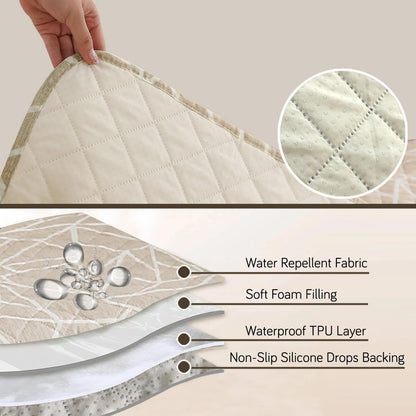 Waterproof Quilted Sofa Seat Mat for 1/2/3 Seater with 2 Armrest Covers with Pockets, Beige Abstract Geometry