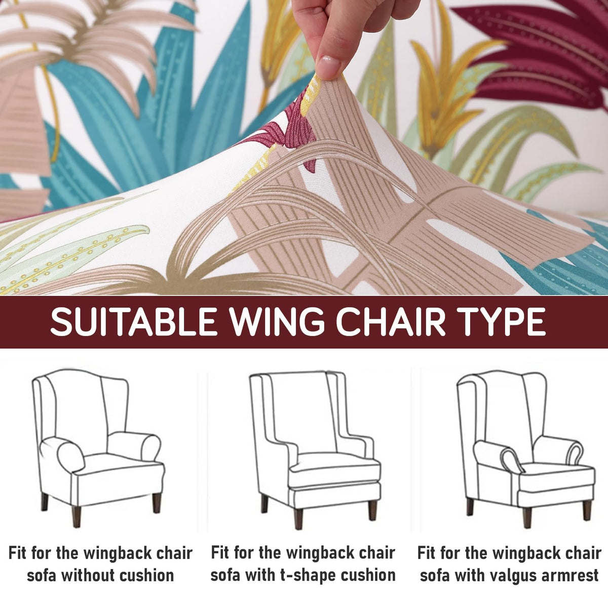 Cane Beige Ferns Elastic Stretchable Chair Cover for Wingback Chair