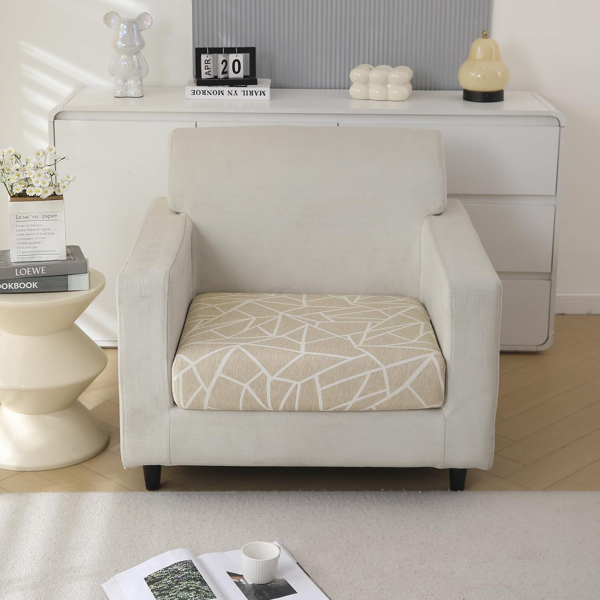 140 GSM Stretchable Printed Elastic Sofa Cushion Seat Cover for 1 /2 /3 Seaters / Pieces for Sofa, Beige Abstract Geometry