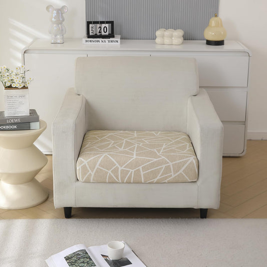 140 GSM Stretchable Printed Elastic Sofa Cushion Seat Cover for 1 /2 /3 Seaters / Pieces for Sofa, Beige Abstract Geometry