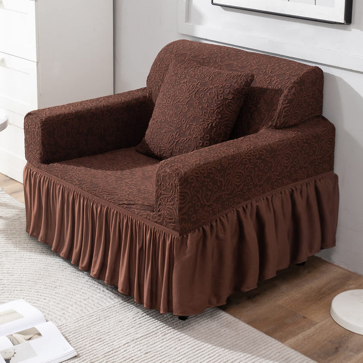 Pecan Brown designer woven jacquard elastic frill 1 seater sofa cover