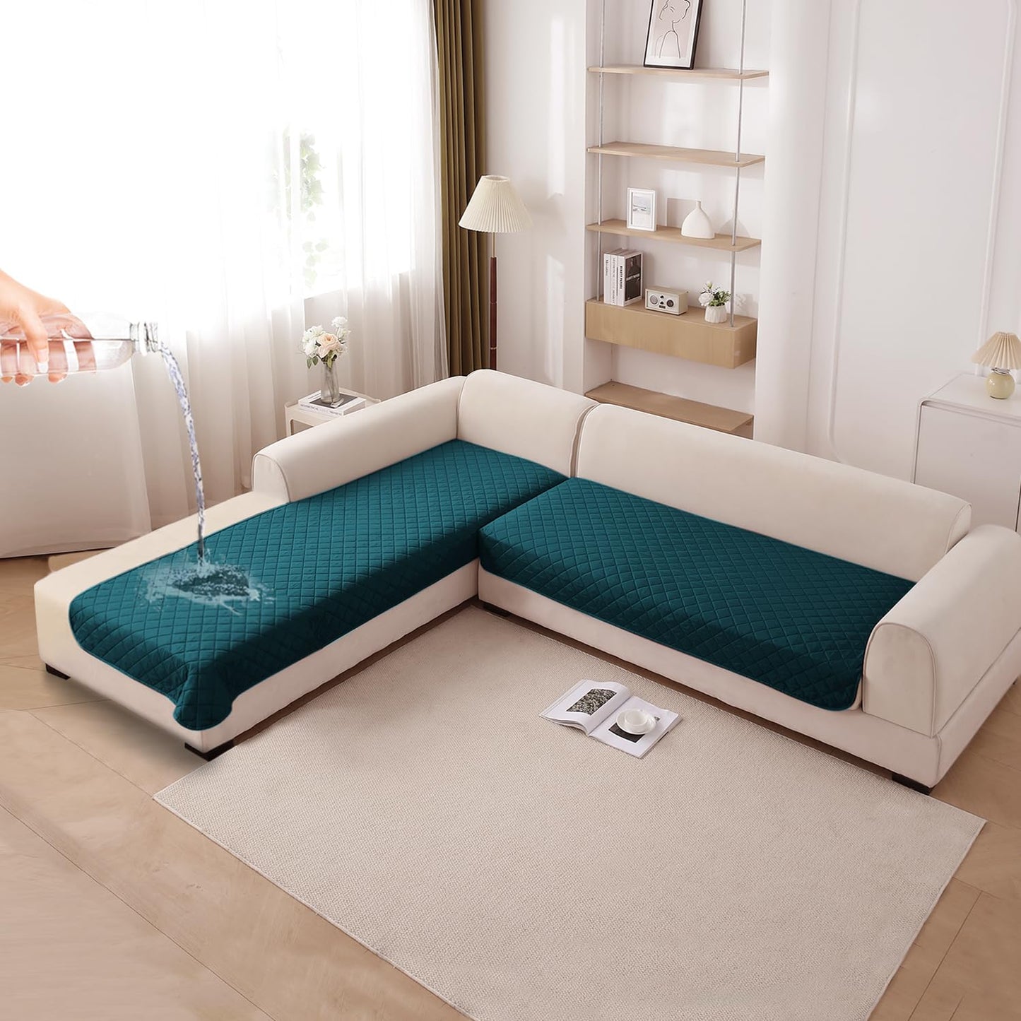HOKIPO Waterproof Quilted Quick Dry L Shape Sofa Seat Cover Mat, Peacock Blue
