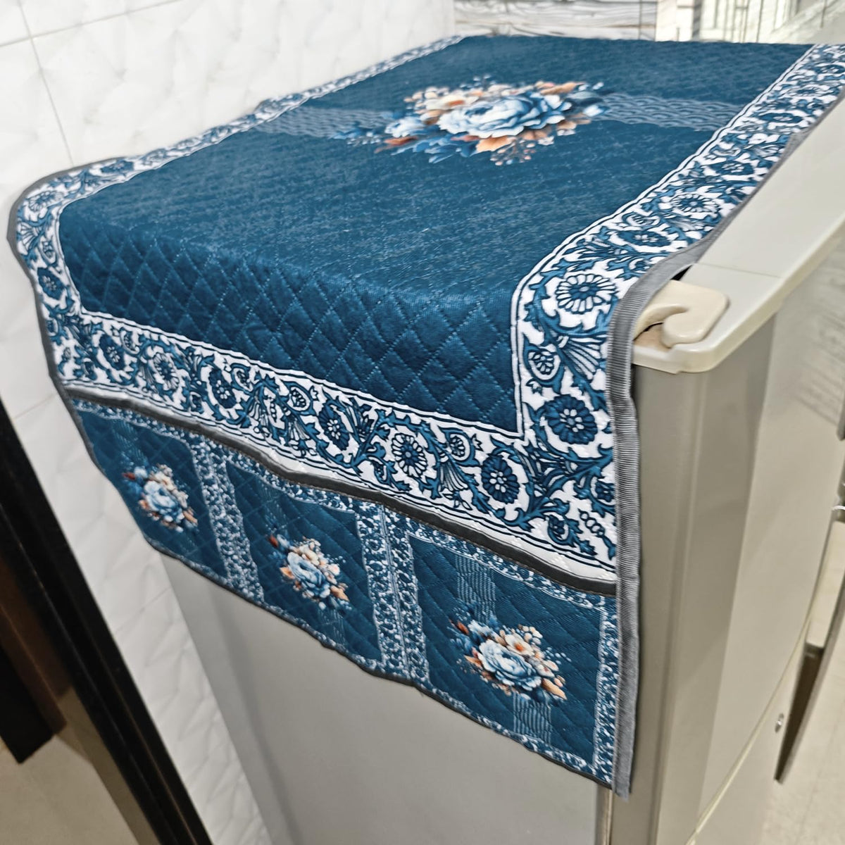 Eternal Floral Printed Quilted Fridge Top Cover with side Pockets - Ocean Blossom