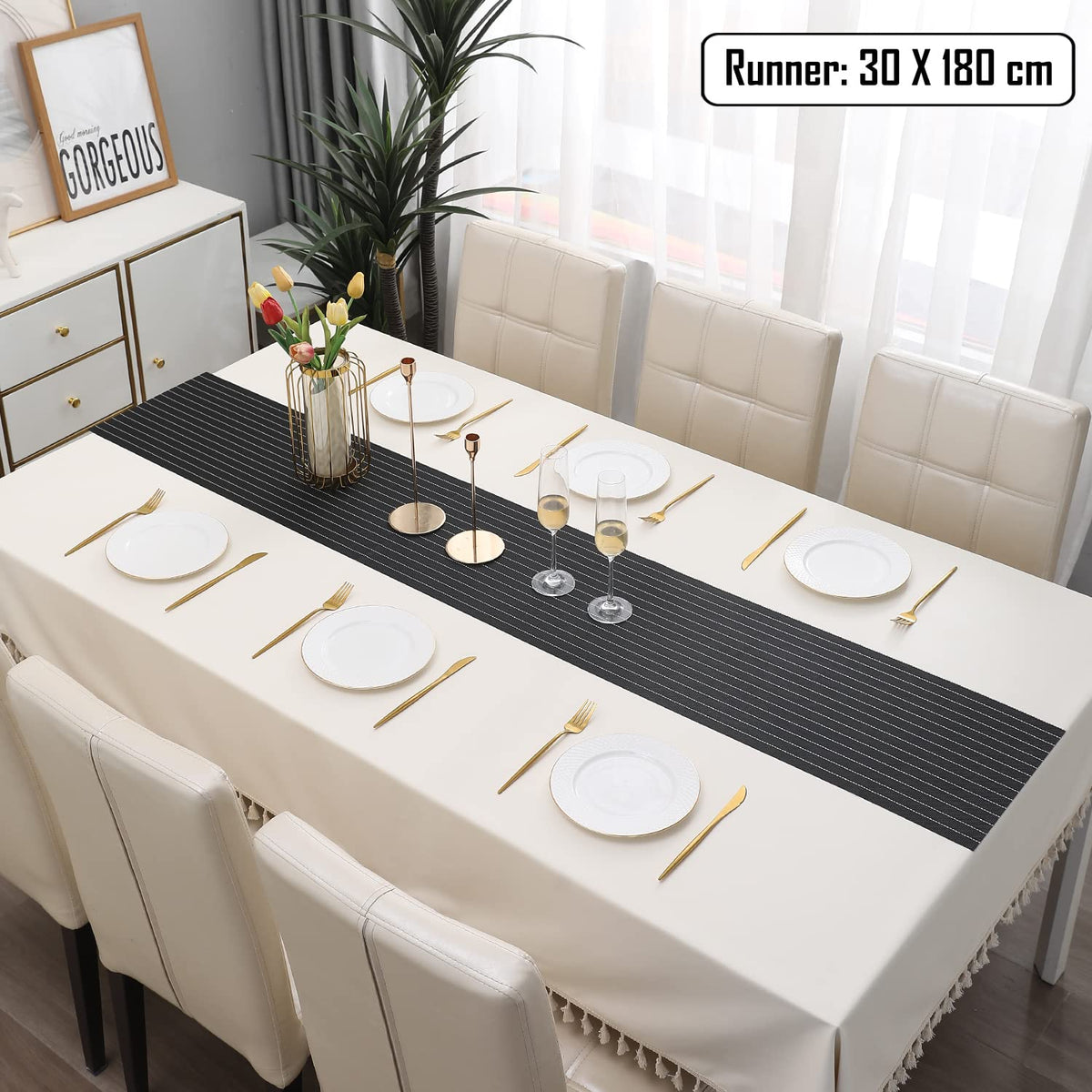 Buy Striped Black Colour PVC Table Runner for 6 Seater (30x180cm) | HOKIPO