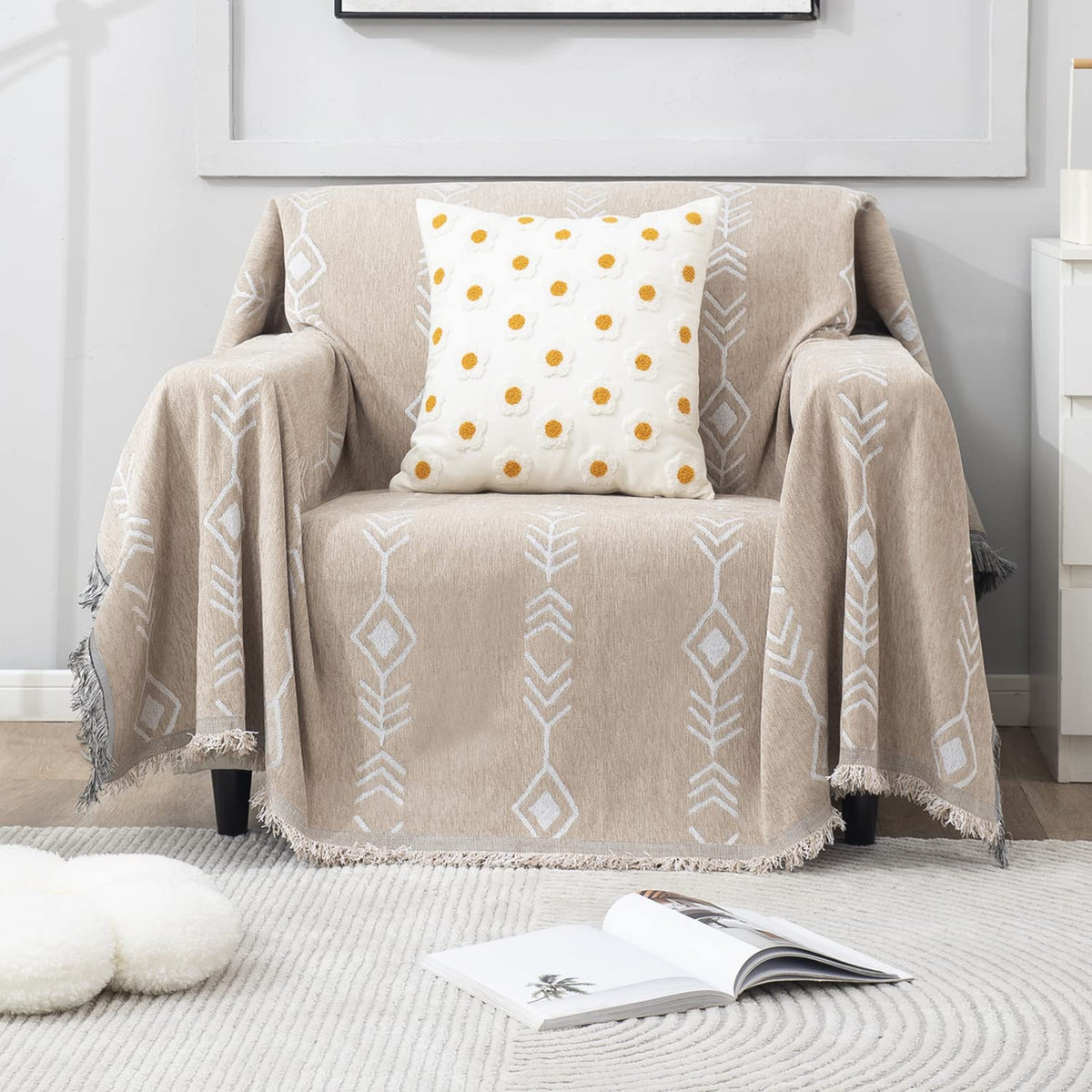 Beige Aztec, Thick, Soft and Pet Friendly Chenille Sofa Cover Throw