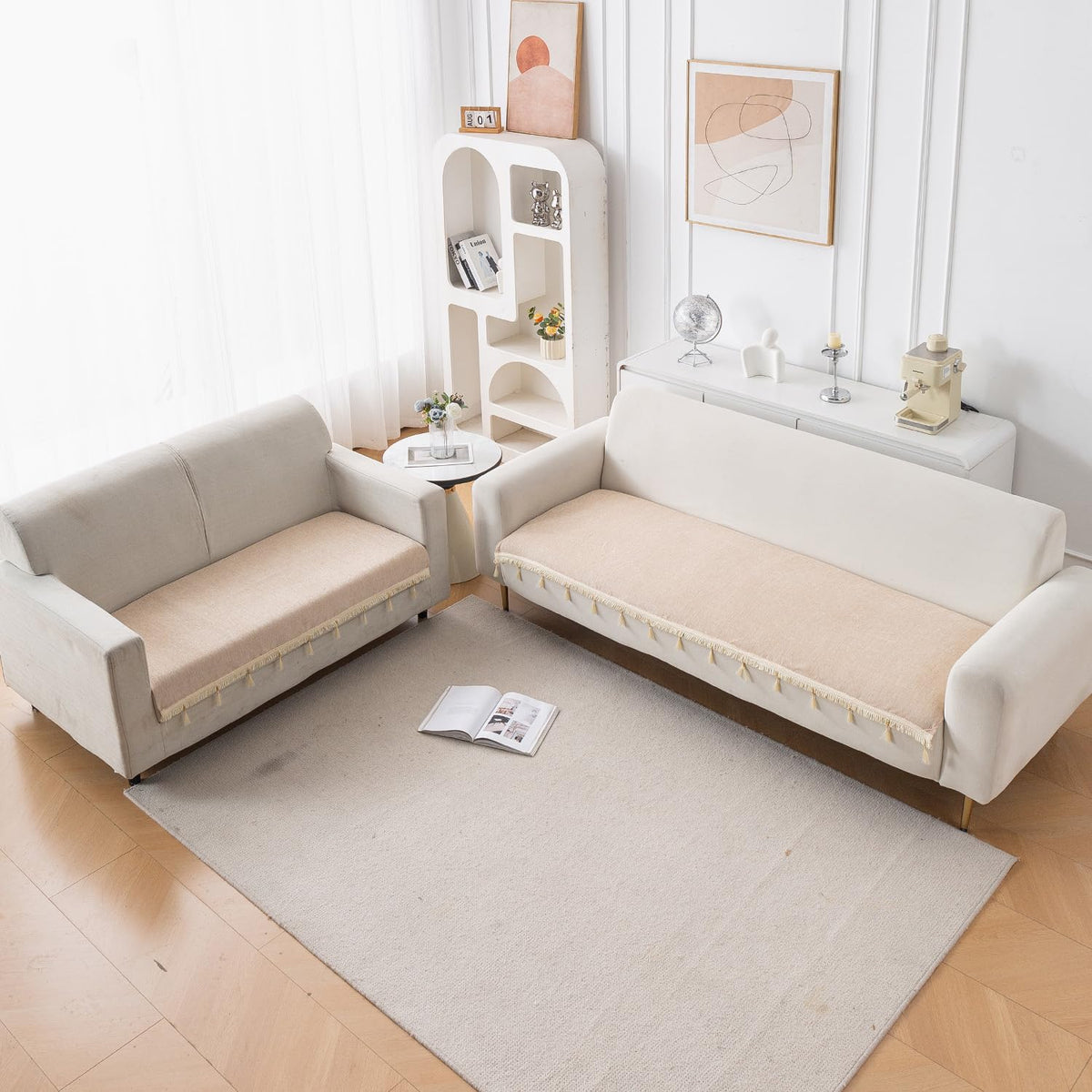 Serenity Tassel Chenille Sofa Cover with Tassel – Ivory Fringe