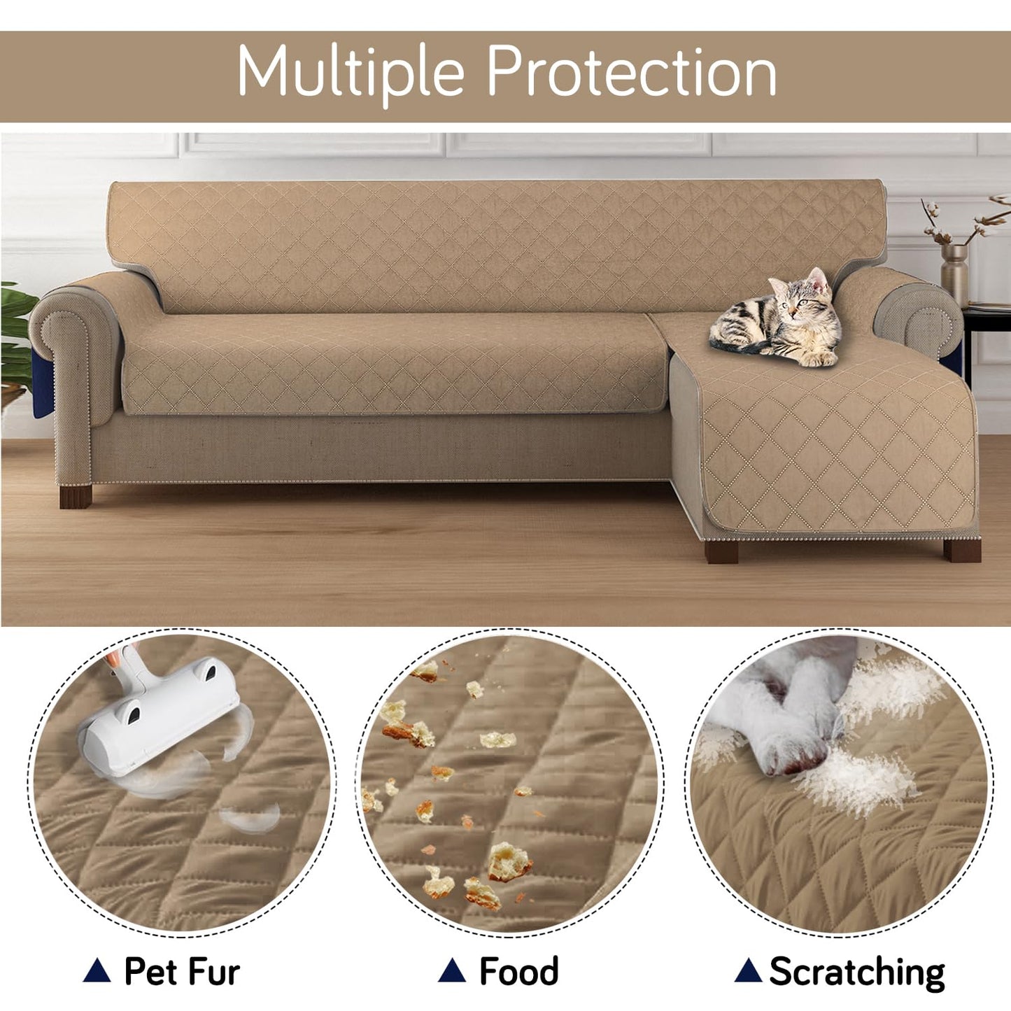 HOKIPO Quilted Reversible One Piece L Shape 4/5/6 Seater Sofa Cover Mat, Camel