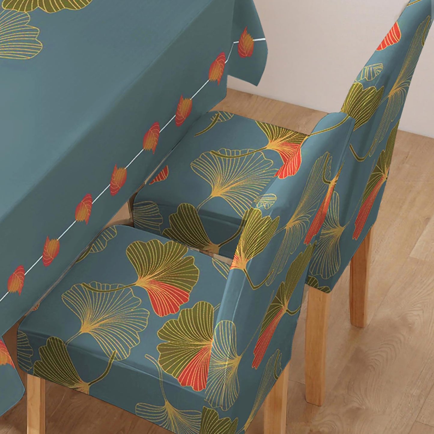 Polyester Dining Chair Covers Set of 4/6 with Matching Tablecloth, Ginkgo Blue Storm