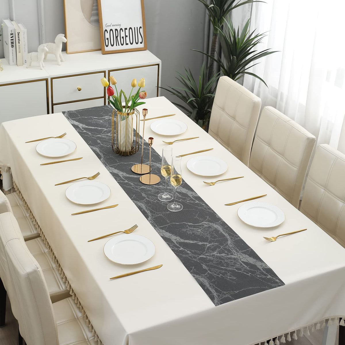 Buy Abstract Black Colour PVC Table Runner for Dining Table | HOKIPO