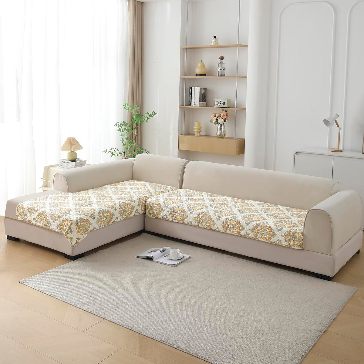 Quilted Printed L Shape Sofa Cover Mat for 2+2/3+2/3+3 Seater, Damask Beige