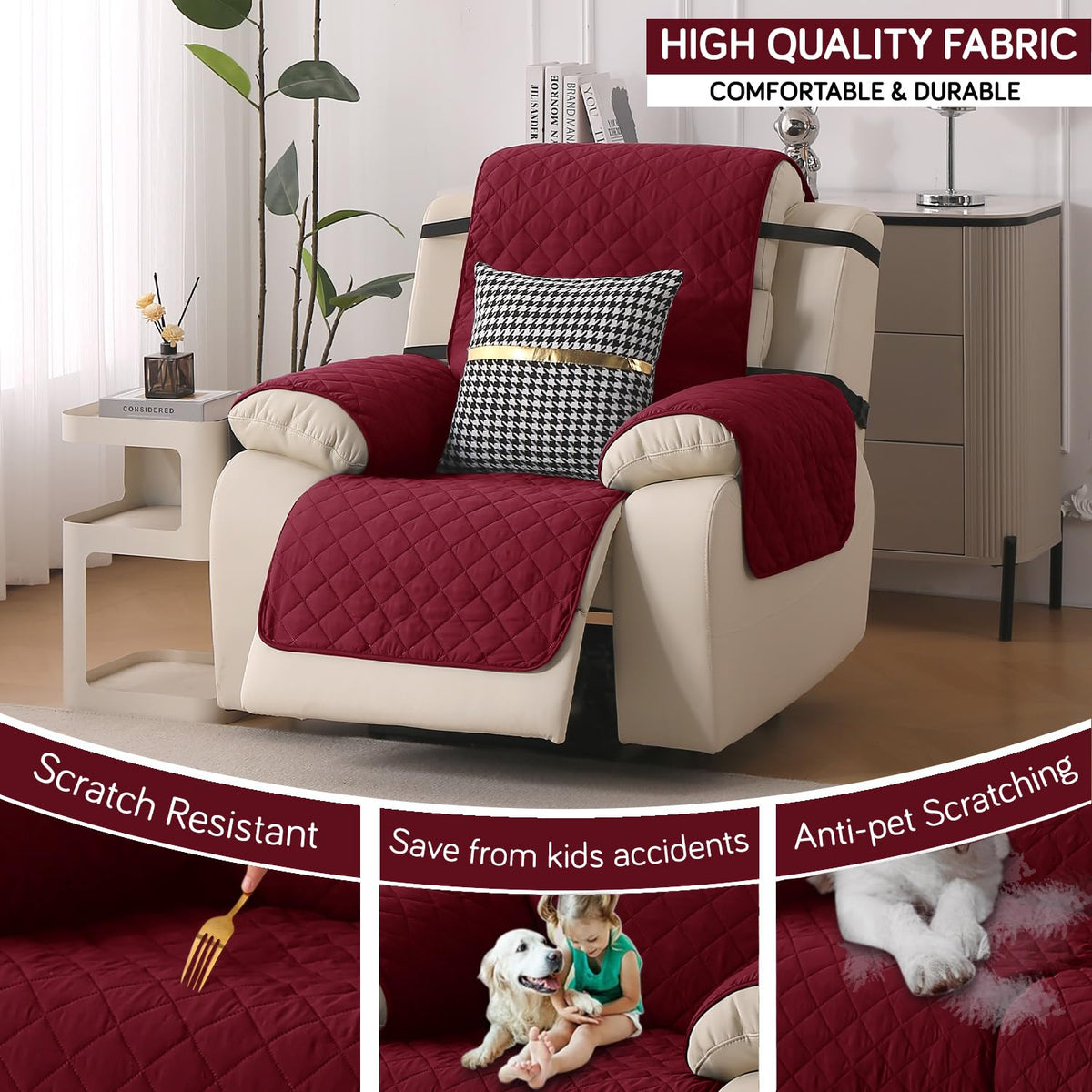UrbanQuilt Recliner Sofa Slipcover Mat with Dual Belt for 1/2/3 Seater - Maroon