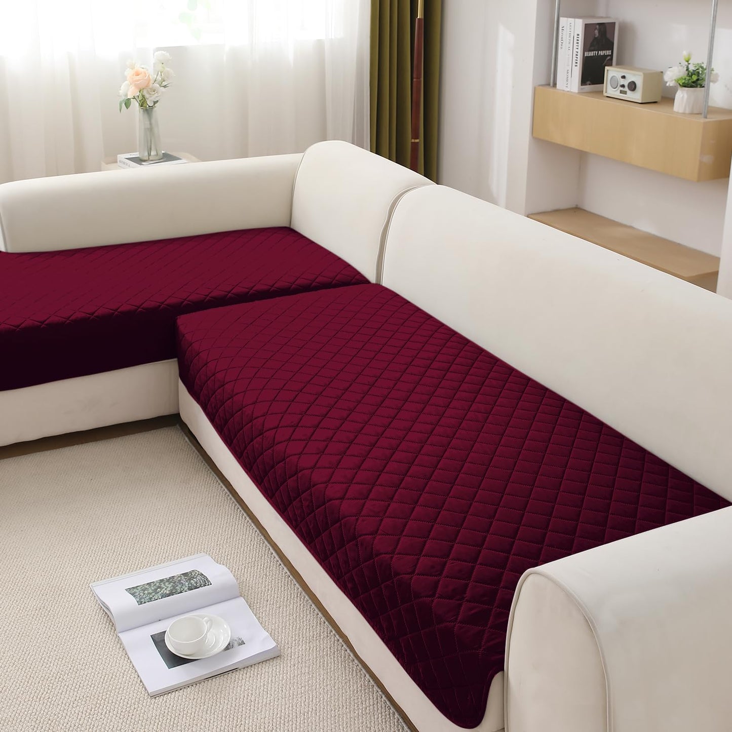 HOKIPO Waterproof Quilted Quick Dry L Shape Sofa Seat Cover Mat, Burgundy