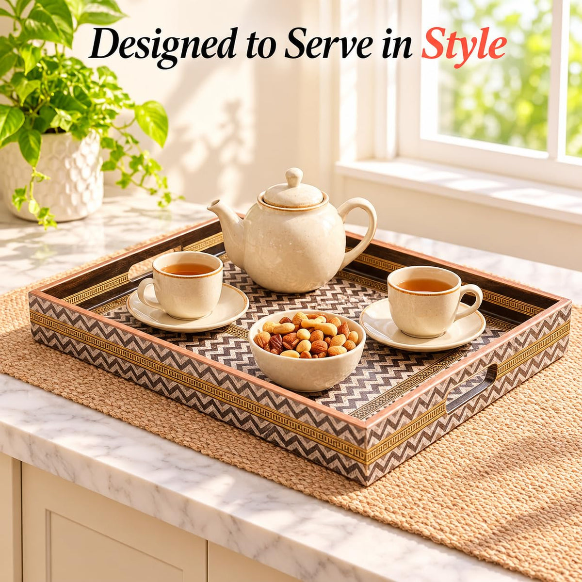 HOKIPO Serving Tray Set of 3, Engineered Wood, Noir Chevron - image 3
