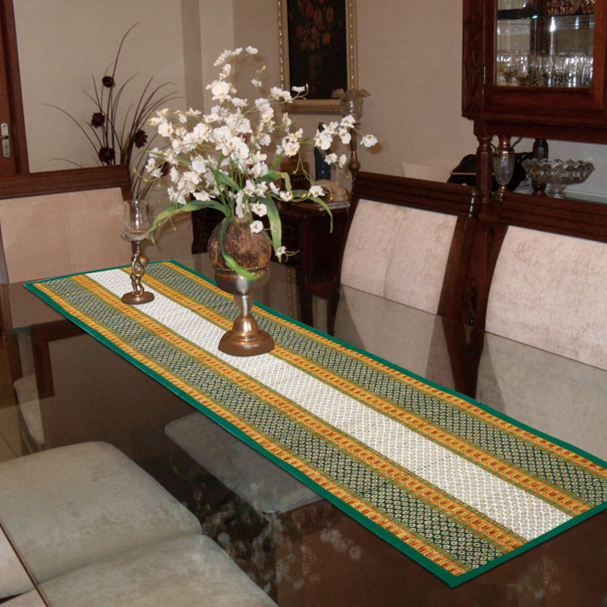 Buy Green Colour Handmade Madurkathi Table Runner Online - HOKIPO | Har Ghar ka Humsafar