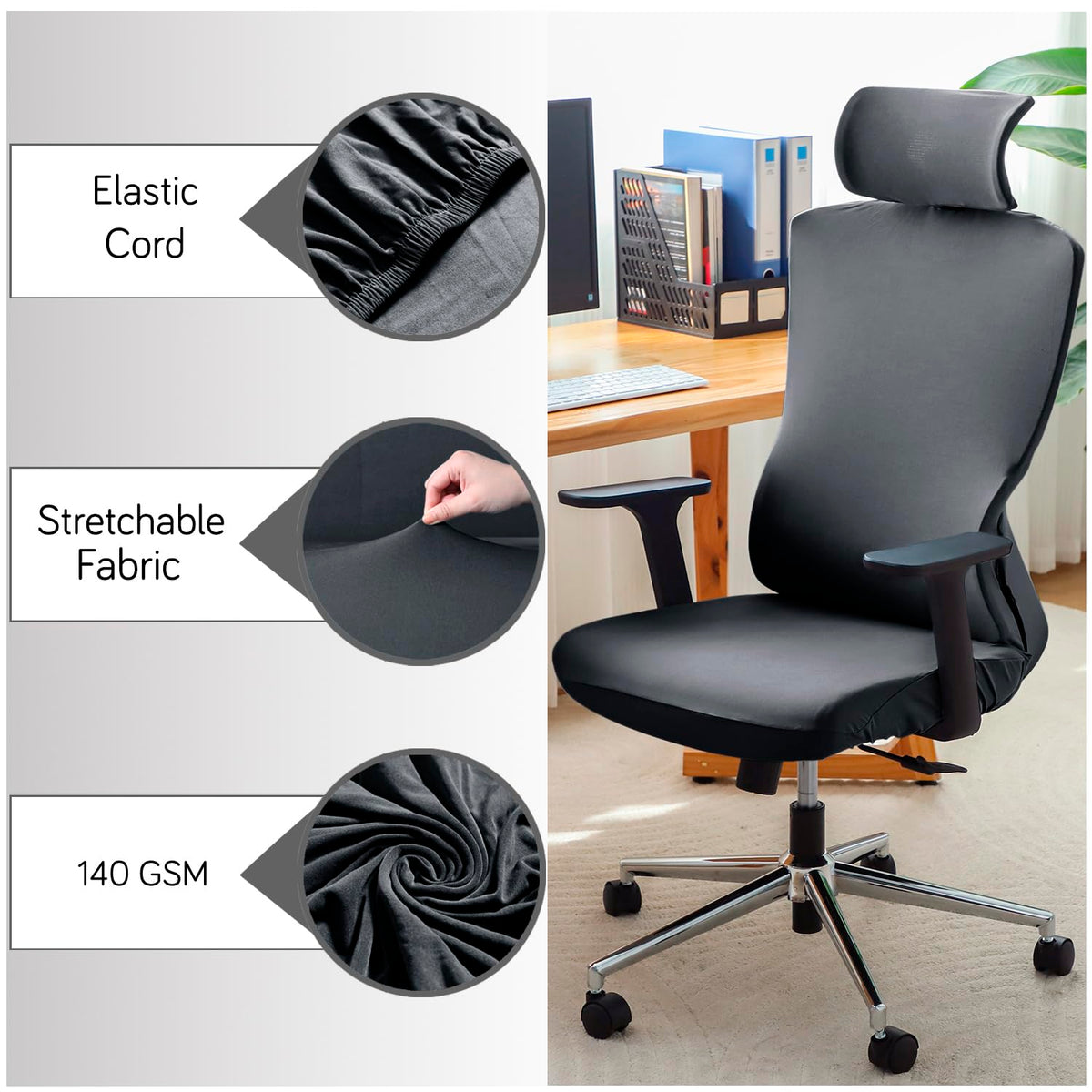 Office Chair Cover with Headrest (High-Back) – 140 GSM Stretch Fabric – Washable, Anti-Slip Fit for Ergonomic Mesh Office Chairs, Grey