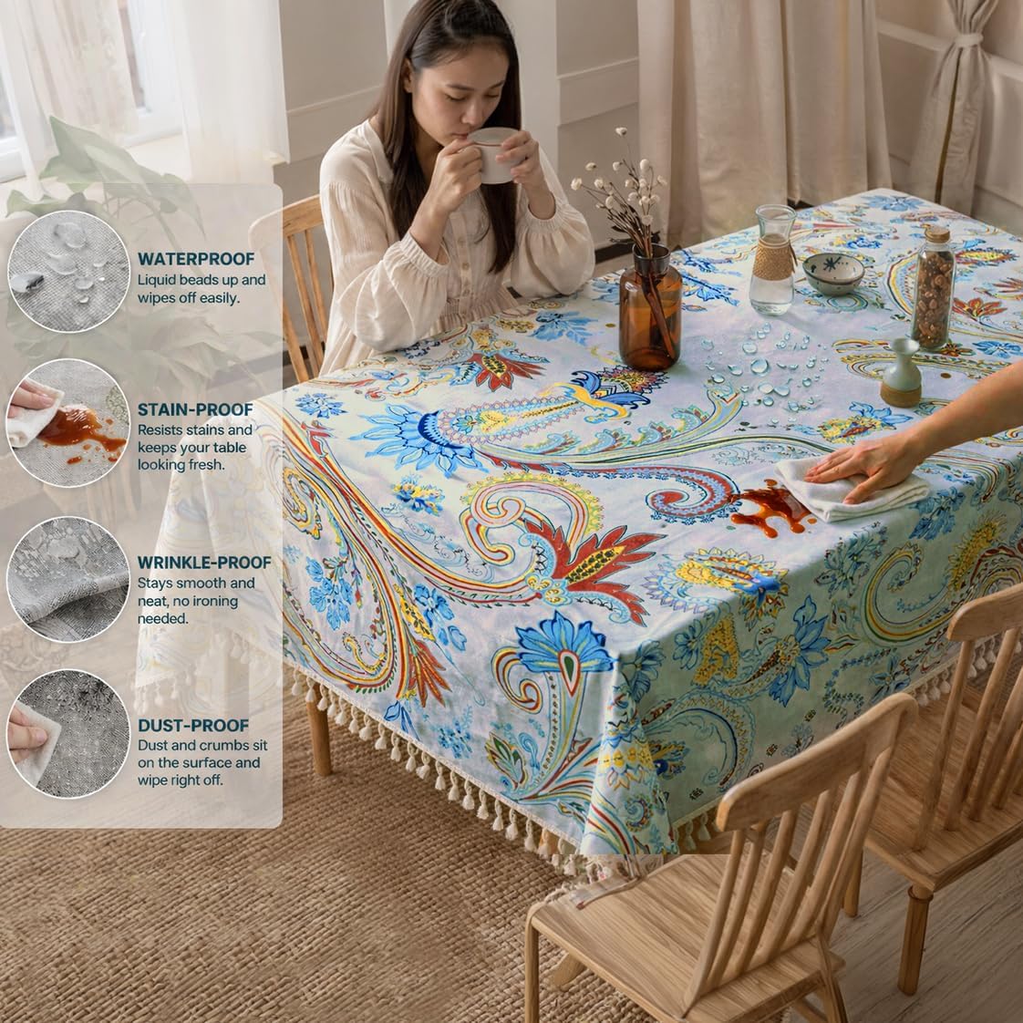 HOKIPO ShieldQuilt Table Cloth with Tassel Edge for 6 Seater, Celestial Garden - image 3