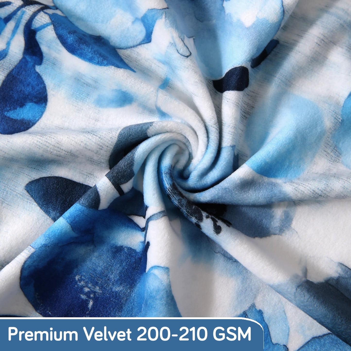 Premium Printed Velvet Elastic Dining Bench Cover, Blue Azure Botanical