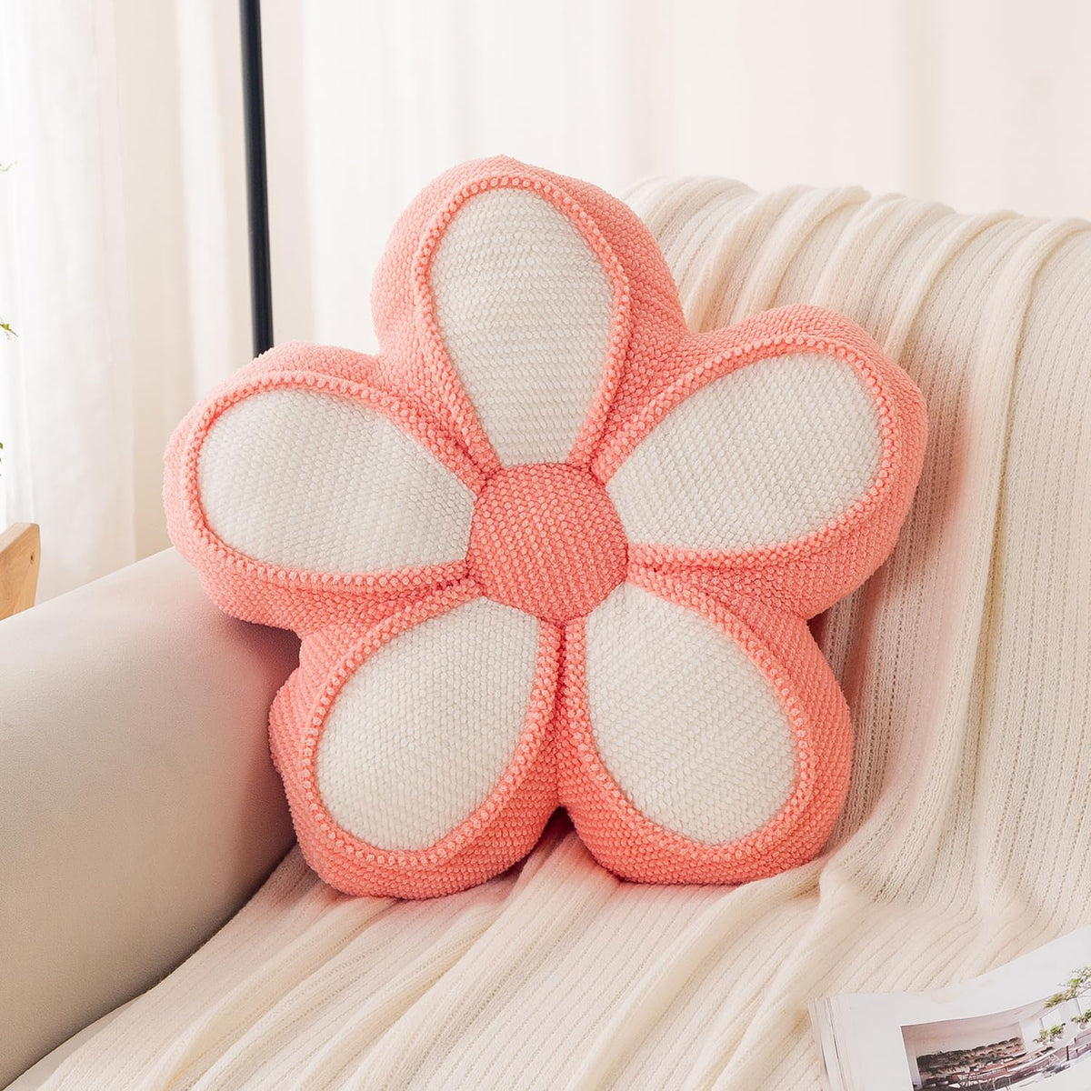 HOKIPO Daisy Petal Flower Cushion for Sofa & Bed, 47 cm, Pink