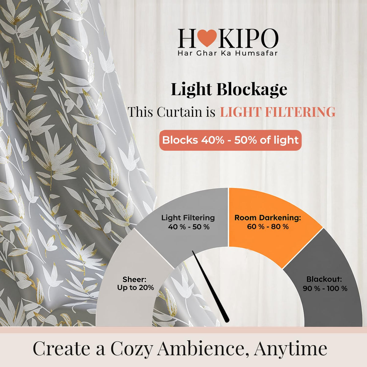 HOKIPO Luxe Foliage Foil Printed Curtains, 7 Feet Long - Slate Grey - image 5
