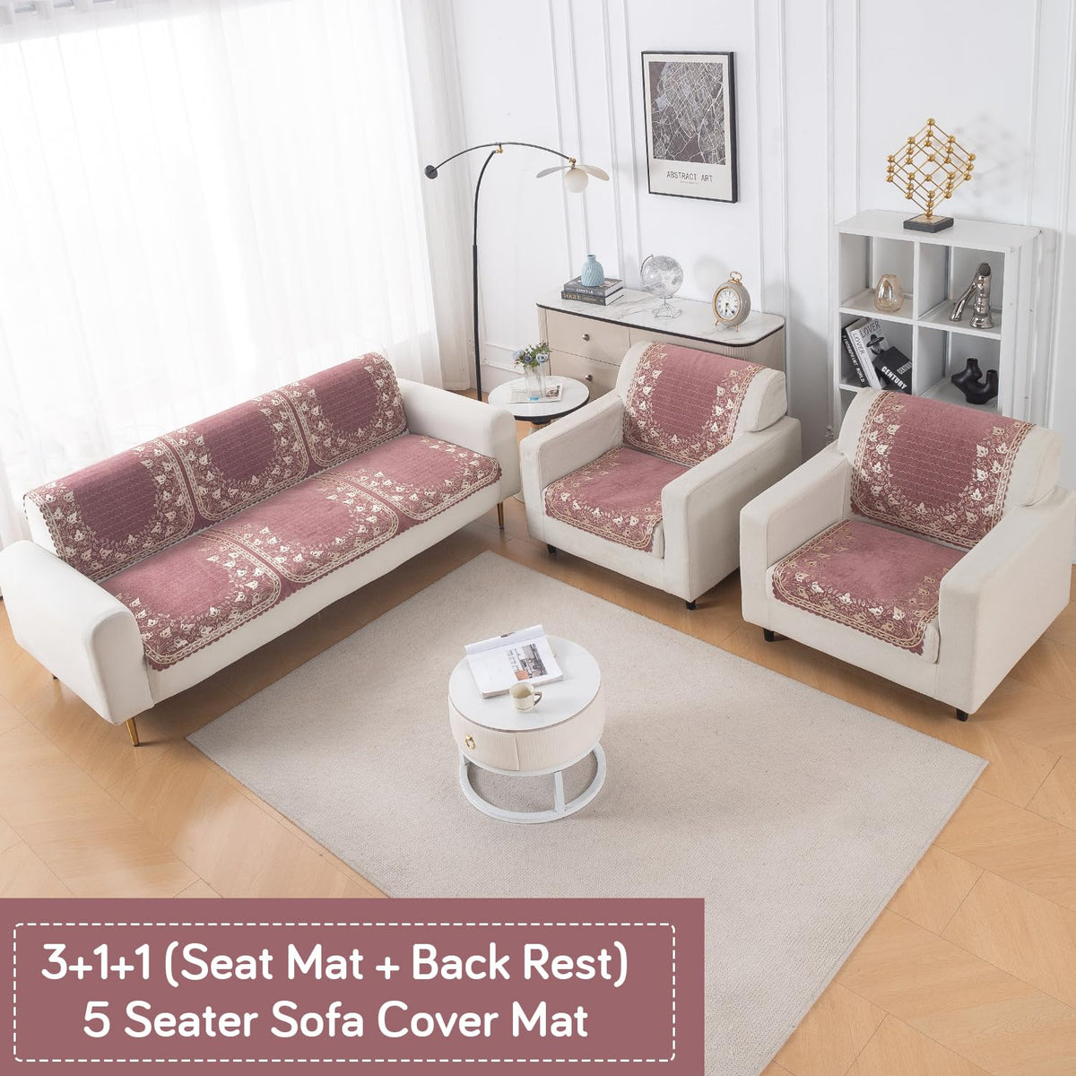 Royal Aangan Premium Chenille Jacquard Sofa Cover 5 Seater Set 3+1+1 Sofa Cover for Seat & Back, Gulabi Jaal
