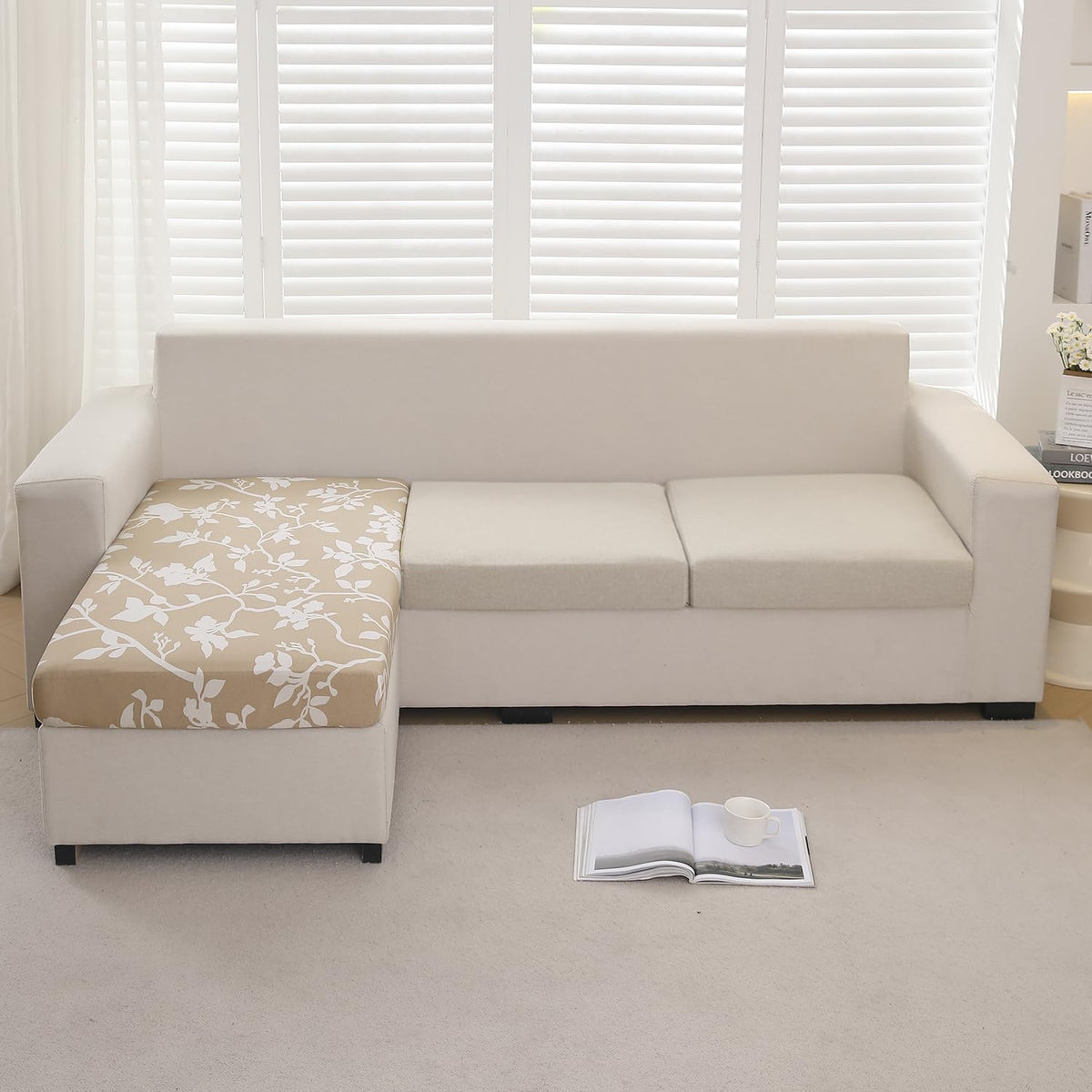 140 GSM Stretchable Printed Elastic Sofa Cushion Seat Cover for 1 /2 /3 Seaters / Pieces for Sofa, Buff Brown Sillehoute Floral