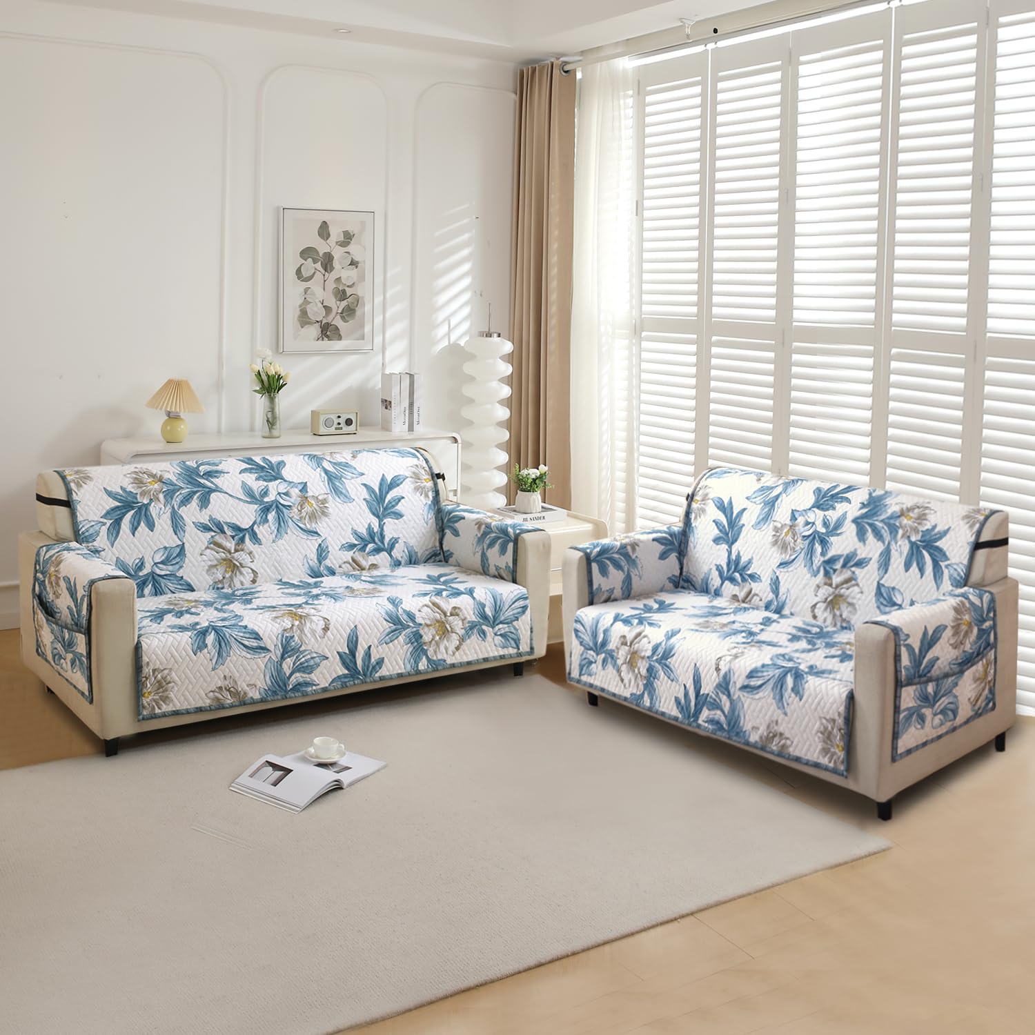 Celadon Blue Camellia Printed quilted 3 2 seater sofa cover