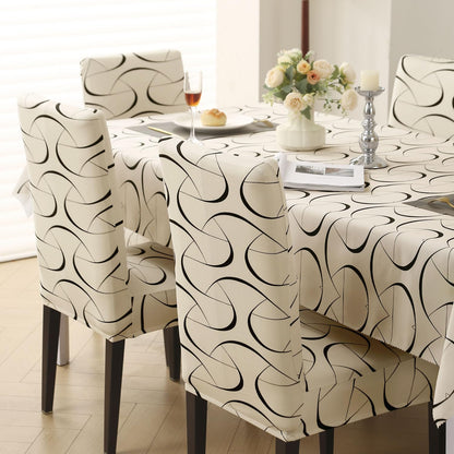 Elastic Dining Chair Covers with Matching Tablecloth, Natural Beige Abstract Art