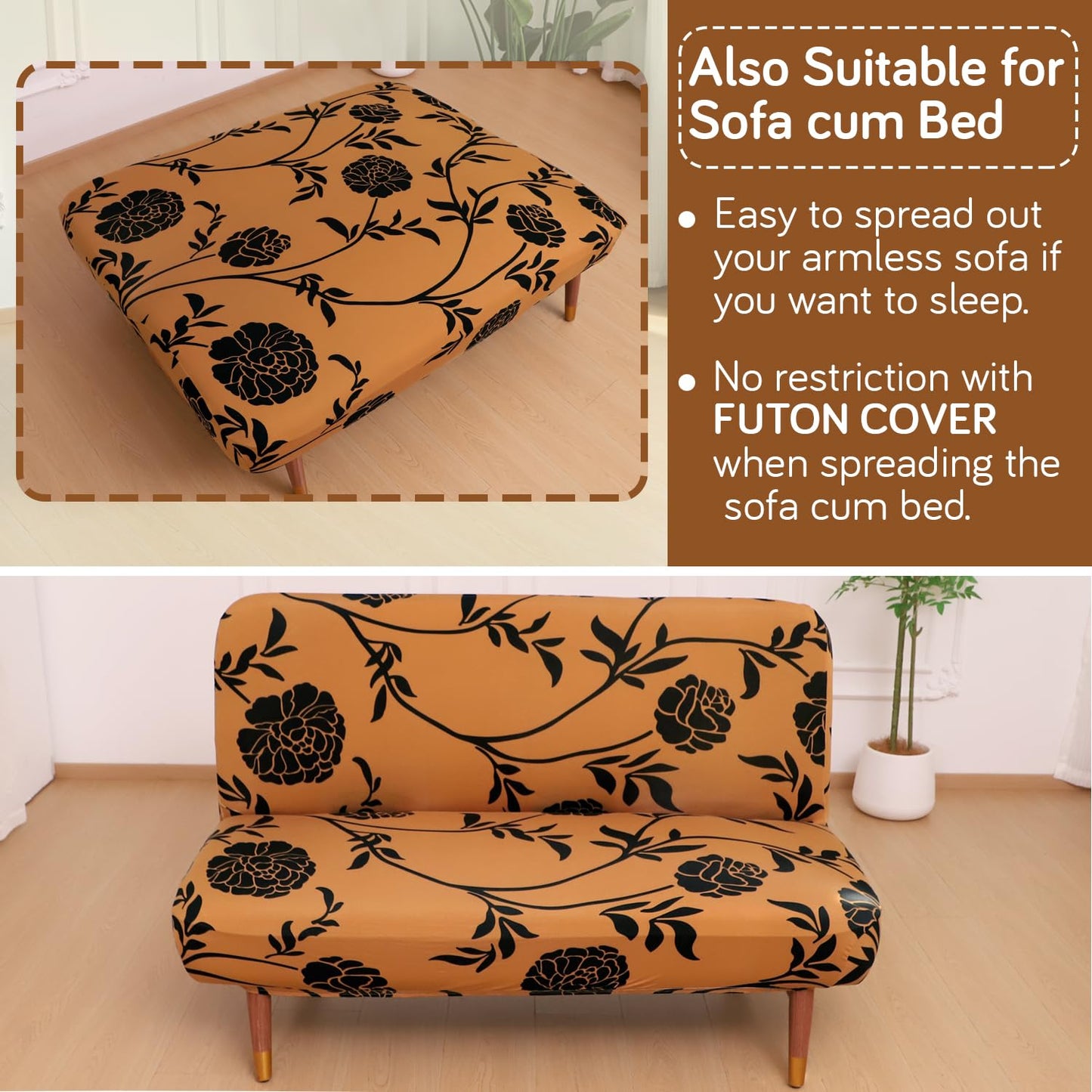 Elira Series Stretchable Elastic Armless Sofa Cover – 140 GSM, Futon Slipcover, Easy Fit, Copper Brown Floral