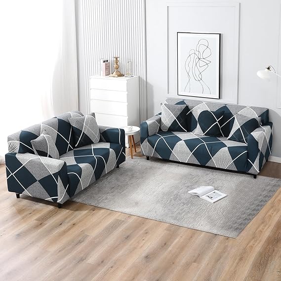 Elastic Stretchable Printed Sofa Cover, Blue Rhombus