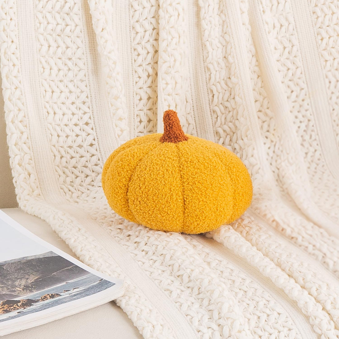 HOKIPO Pumpkin Shaped Plush Cushion for Autumn Decor, 19 cm, Yellow