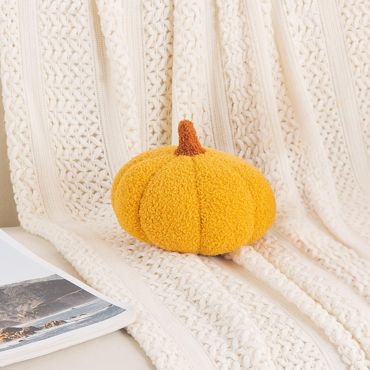 HOKIPO Pumpkin Shaped Plush Cushion for Autumn Decor, 19 cm, Yellow