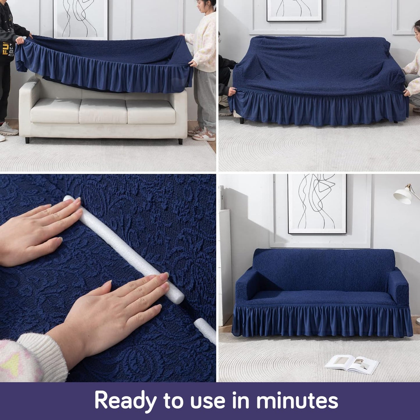 Elastic Stretchable Designer Woven Jacquard Sofa Cover with Frill, Navy Blue
