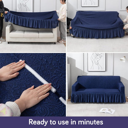 Elastic Stretchable Designer Woven Jacquard Sofa Cover with Frill, Navy Blue